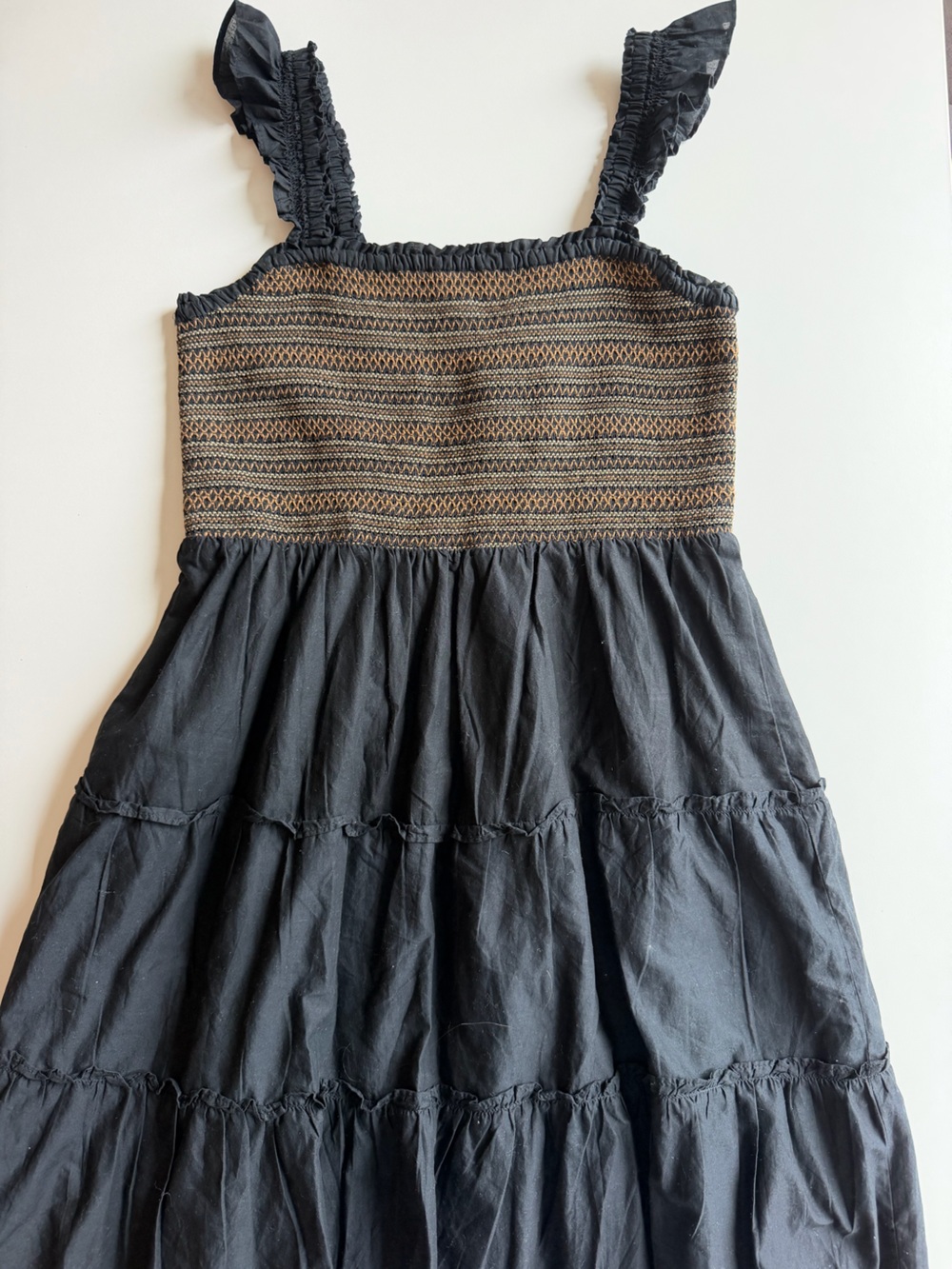 J. Crew Black Tiered Short Dress with Brown Smocked Bodice